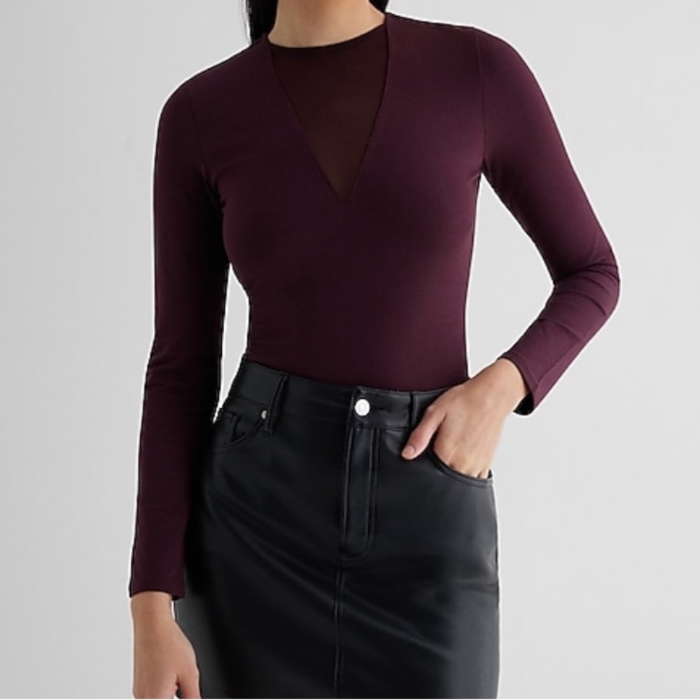 Express Fitted Mesh Pieced Crew Neck Long Sleeved Bodysuit NWOT - Wine - Large